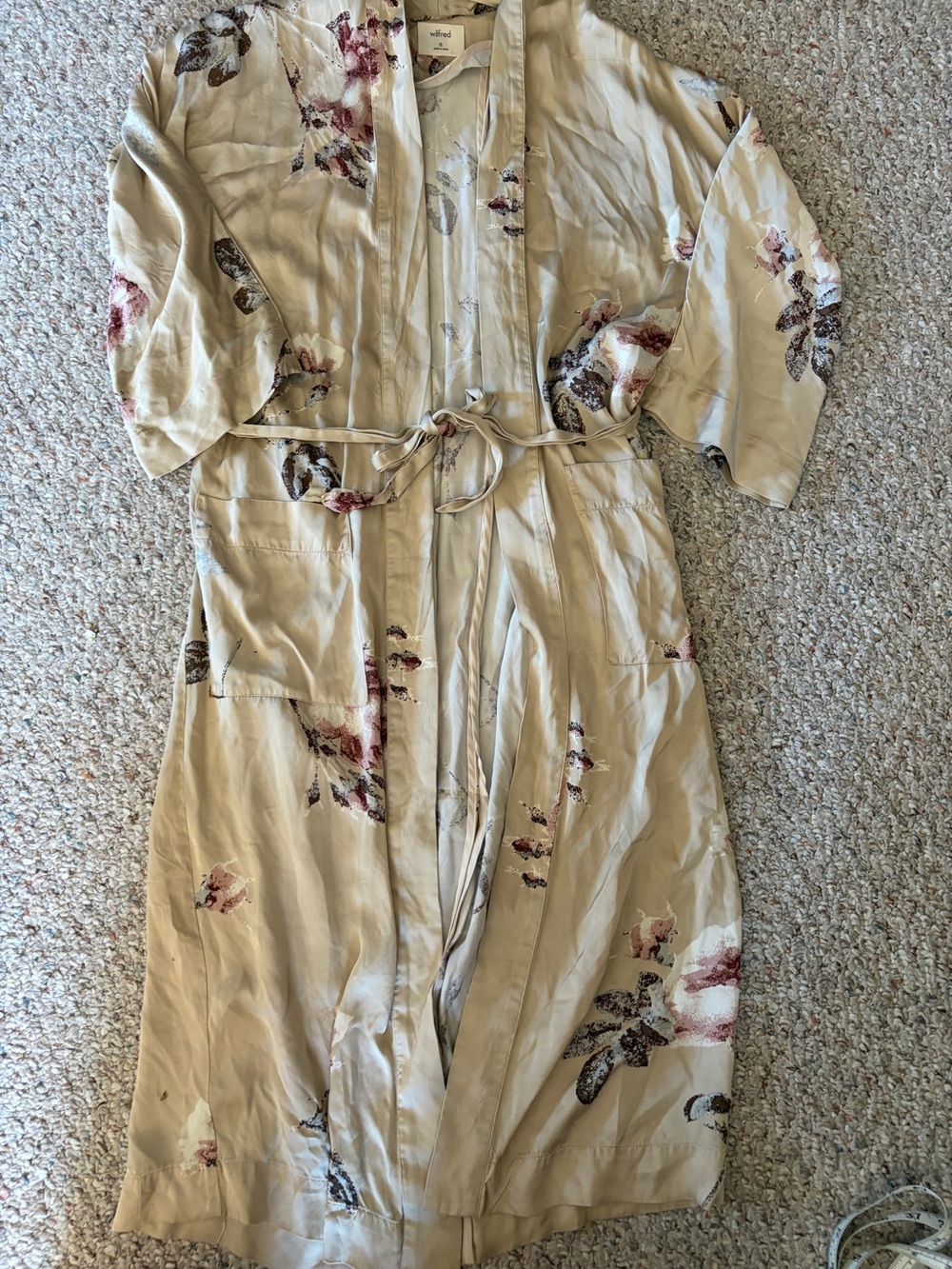 Wilfred long silky robe tie waist women’s XS pockets cream floral back slit